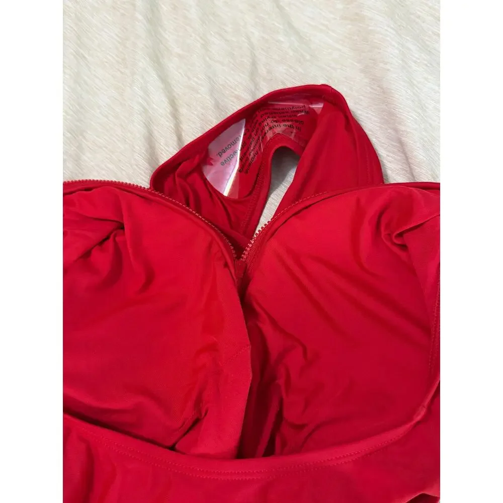 quince italian zip front one-piece swimsuit cherry red, women size medium